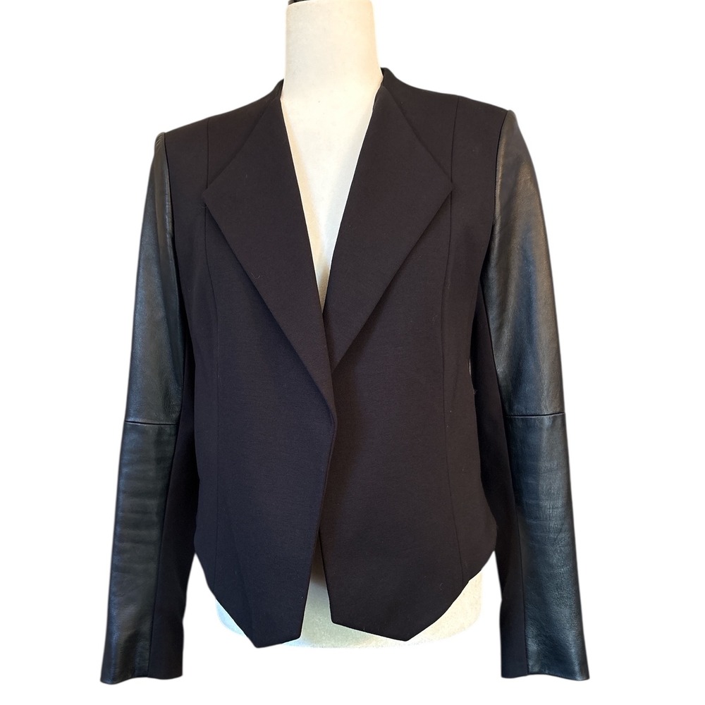 Theory Amada Lamb Leather Sleeve Blazer Size 6 Black‎ Open Front